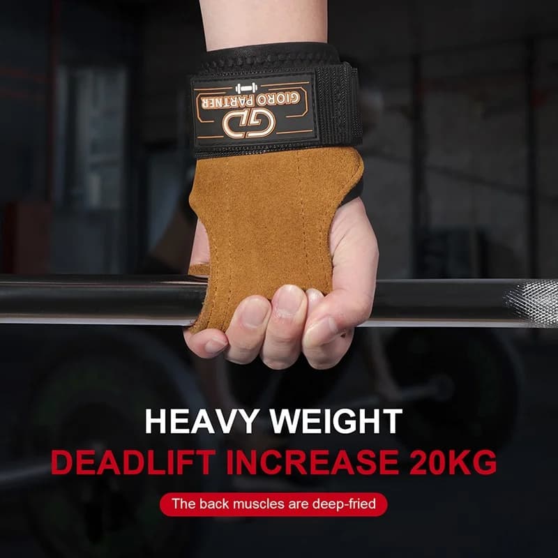 Guanti per sollevamento pesi in pelle di vacchetta con cinghie resistenti e supporto per il polso per powerlifting, stacchi da terra, bodybuilding regolabili e imbottiti
