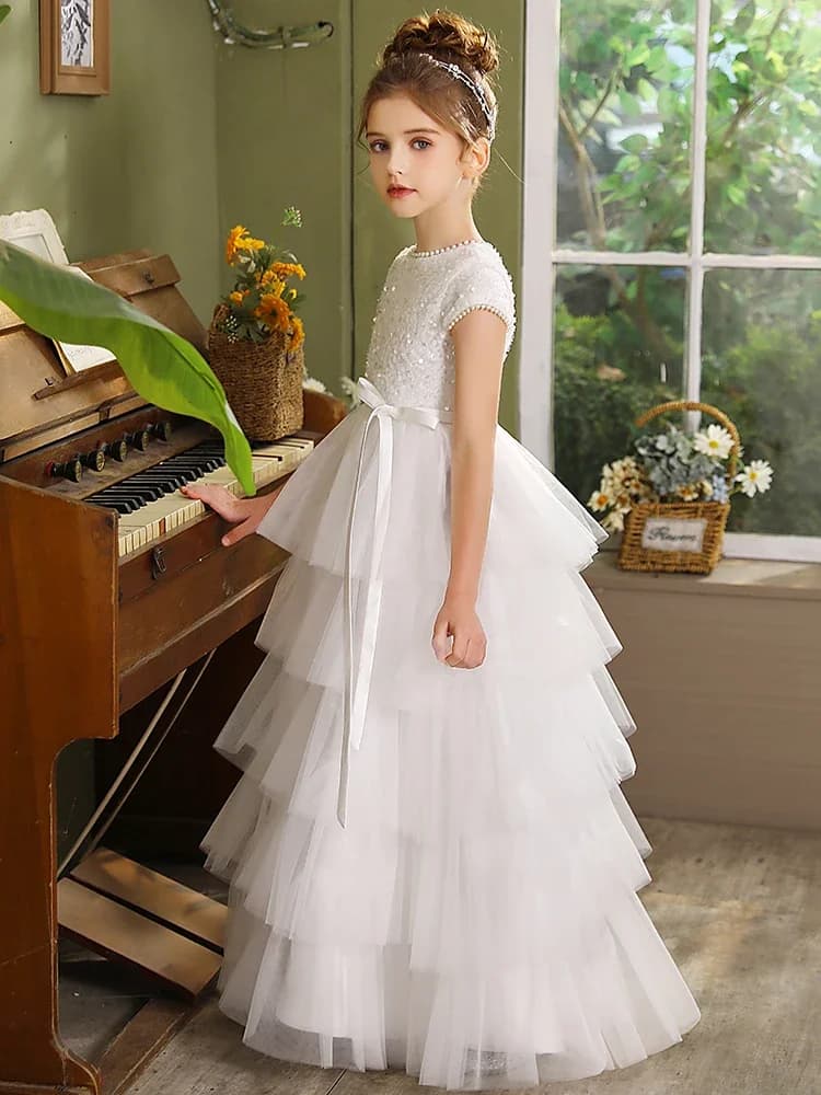 Eleganti ragazze di fiori vestono tulle bianco a-line soffici applique per bambini matrimonio damigella d'onore festa di compleanno abiti da ballo da sera