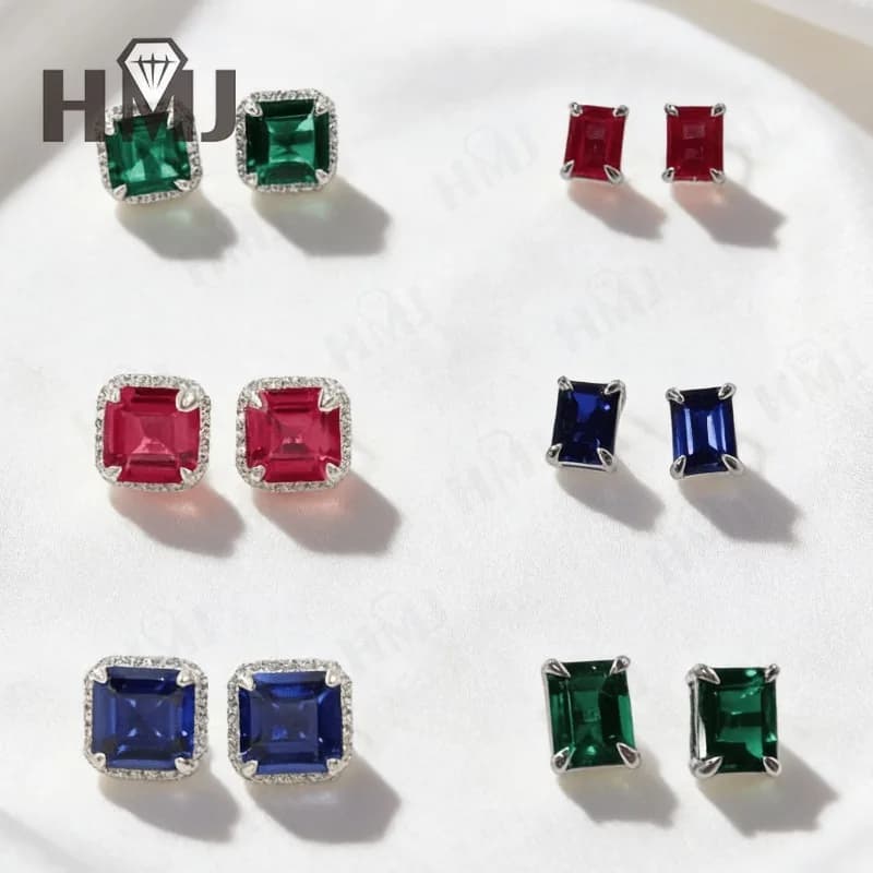 Orecchini con pietre preziose coltivate in laboratorio Taglio smeraldo/taglio asscher Rubino/Zaffiro/Colombiano Orecchini a bottone in argento sterling 925 Regalo per la festa di Natale