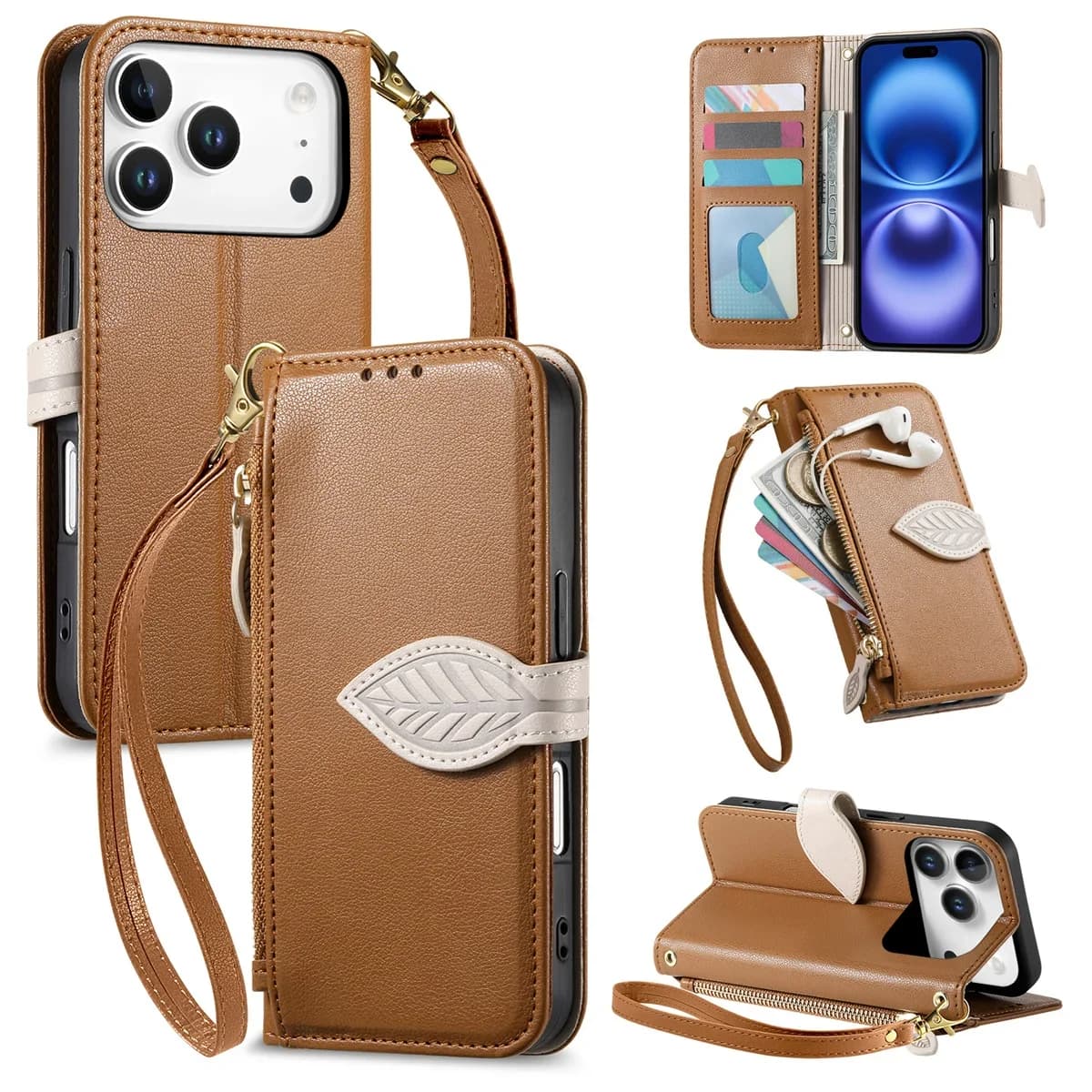 Portafoglio con cerniera in pelle con cinturino da polso con custodia per telefono con slot per schede per IPhone 17 Air 16E 16 15 14 13 12 Pro Max Plus Custodia protettiva