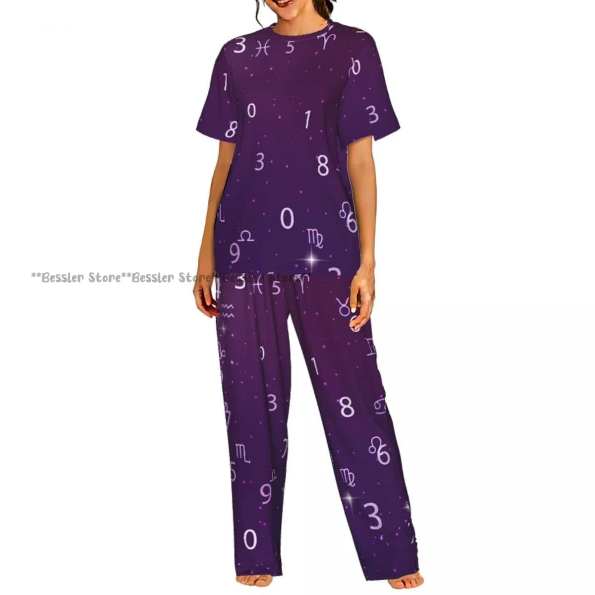 Set da 2 pezzi per donna, pigiama Numerology Stars, top a maniche corte e pantaloni, abbigliamento da notte