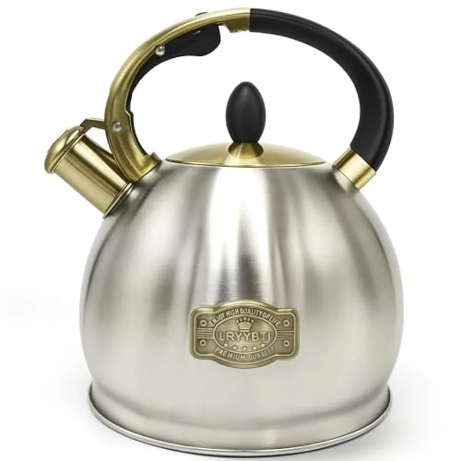 Bollitore da cucina con fischietto in acciaio inossidabile per alimenti, base a 5 strati, per campeggio e cucina, 2,64 Qt