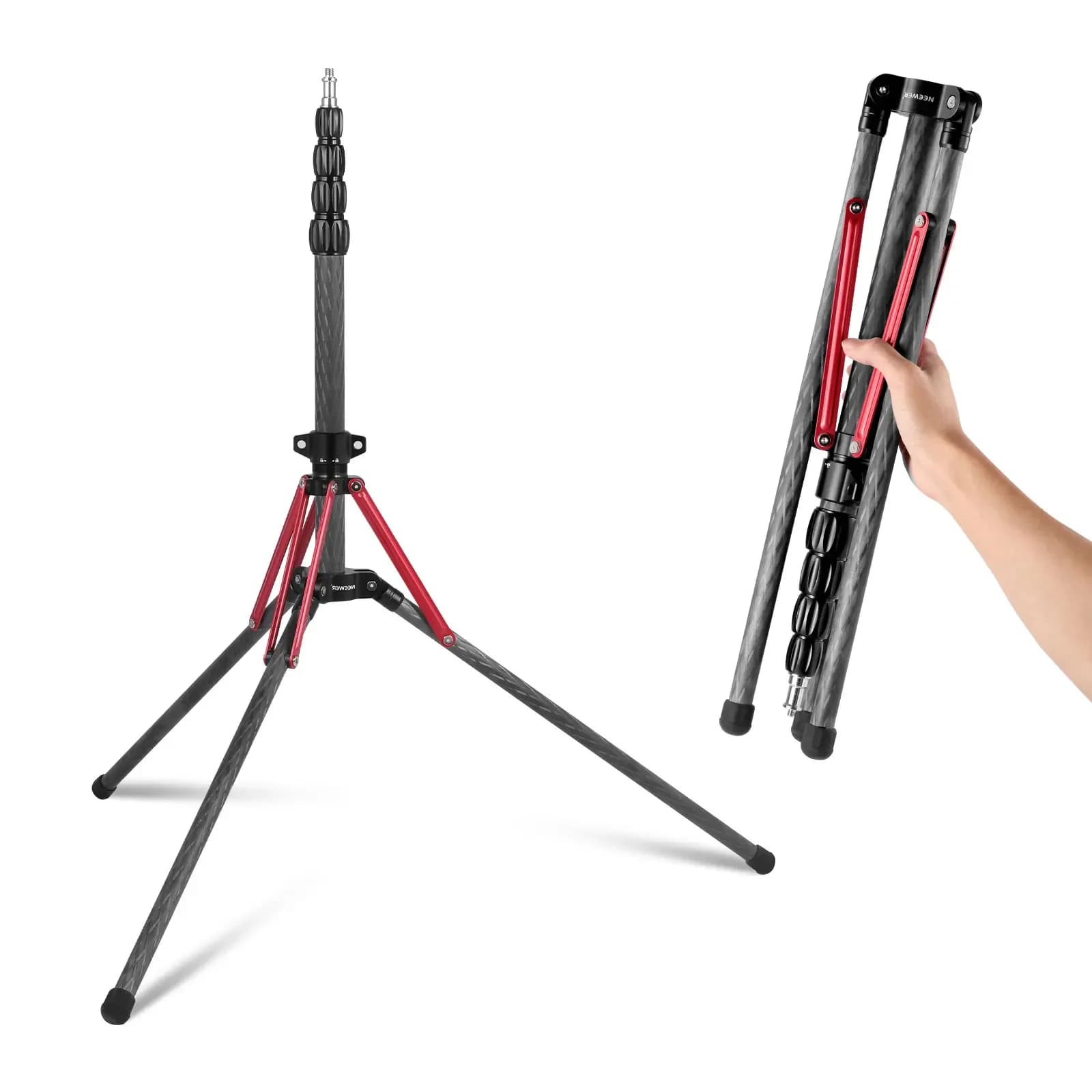 Supporto per luci NEEWER in fibra di carbonio con 180° di inclinazione ° Treppiede da viaggio portatile da 86,5 pollici/220 cm con gambe reversibili, adattatore per vite da 1/4”-3/8” e borsa
