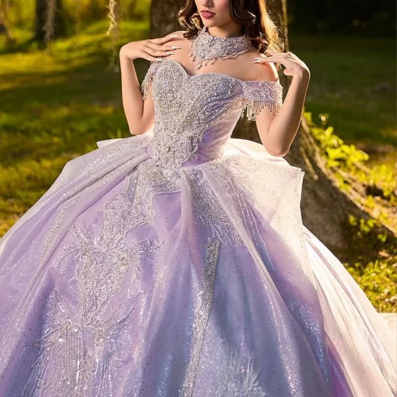 Abito Quinceanera rosa lucido glitter Decal cristallo Pizzo Coda lunga Fiocco grande Abiti da 15 Quinceanera Personalizza