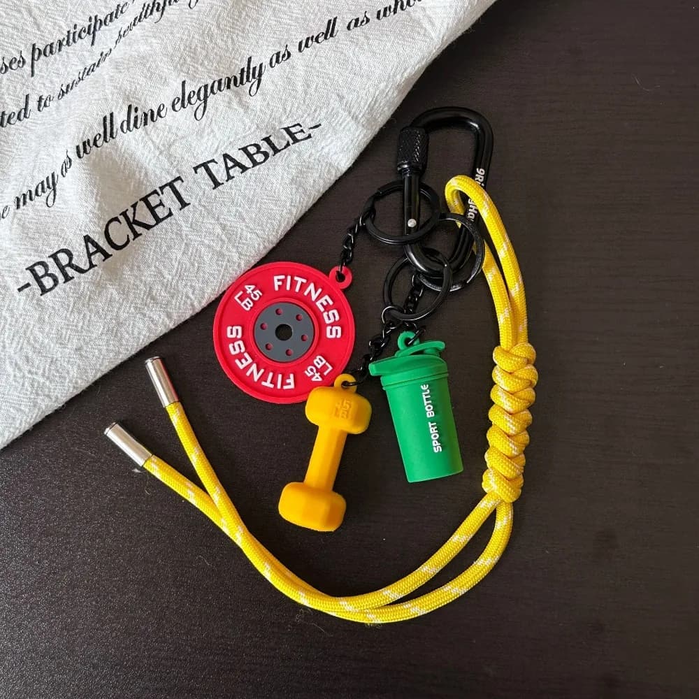 Keyring with Mini Gym, Kettlebell and Simulated Manubri, with Mosque to D, Pendant for Water Glass Shape Bag