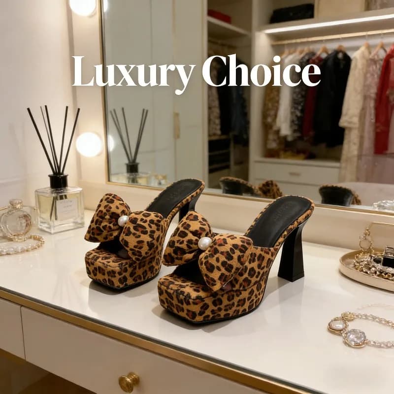 Women Leopard Bow Slippers Platform High Heels Shoes Square Toe Pearl Sandals Summer 2026 Sexy Party Shoes Chunky Slides Mujer