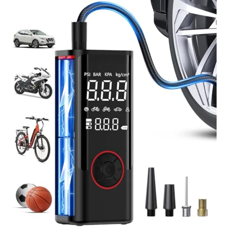 Compressore d'aria portatile senza fili per pneumatici auto con manometro, pompa per pneumatici bici a batteria 150 PSI