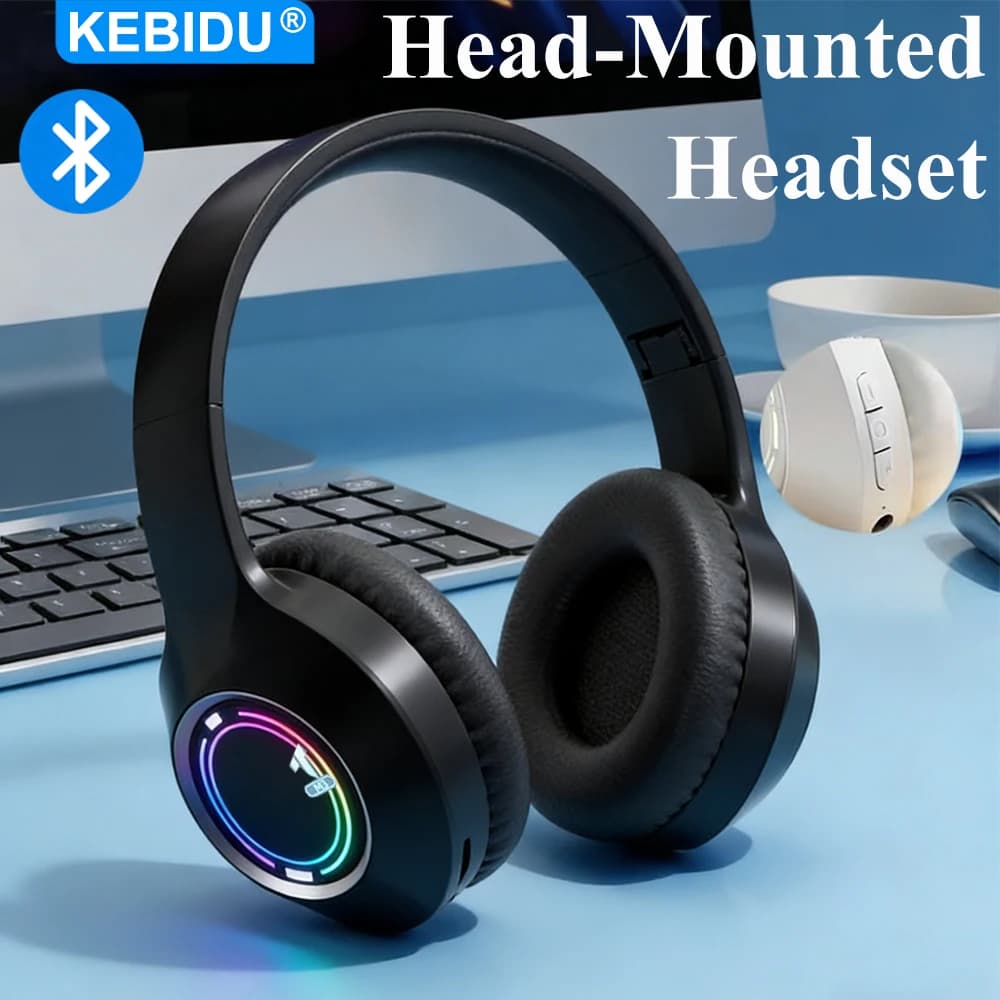 KEBIDU Foldable Bluetooth RGB gaming headphones, 3.5 mm headphones + BT5.3, HiFi stereo wireless earphones with noise reduction