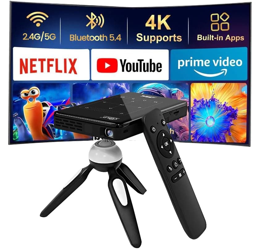 Proiettore Mini Portatile LED Smart Android 9 in Offerta, con Batteria Integrata, WiFi, Supporto 3D e 4K per Home Theater e Uso Esterno