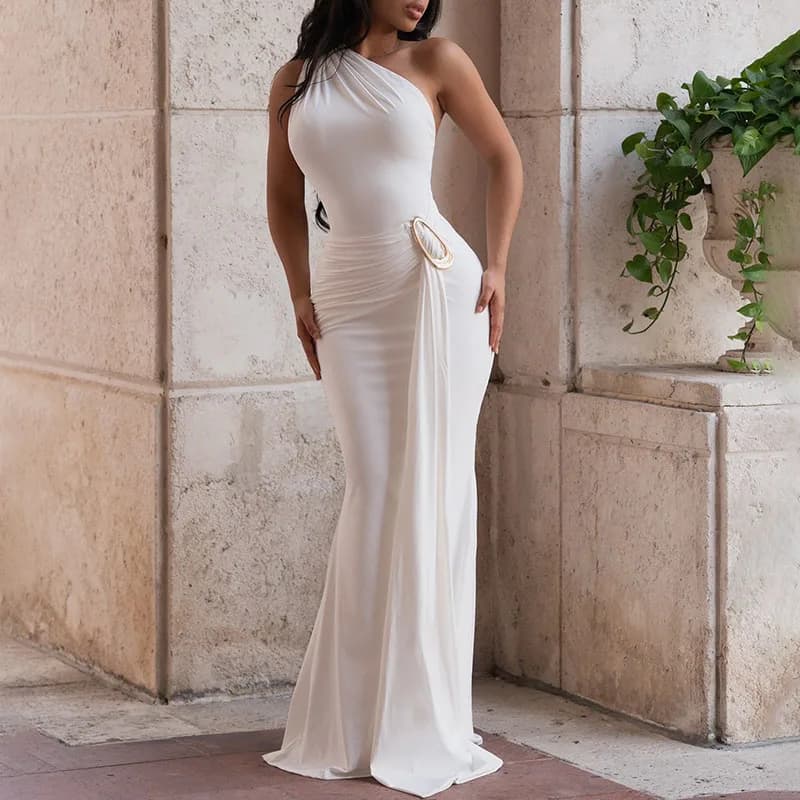 Doyerl One Shoulder Mermaid Evening Dresses for Women Elegant Celebrity Metal Button Night Club Party Prom Dress with Ribbon