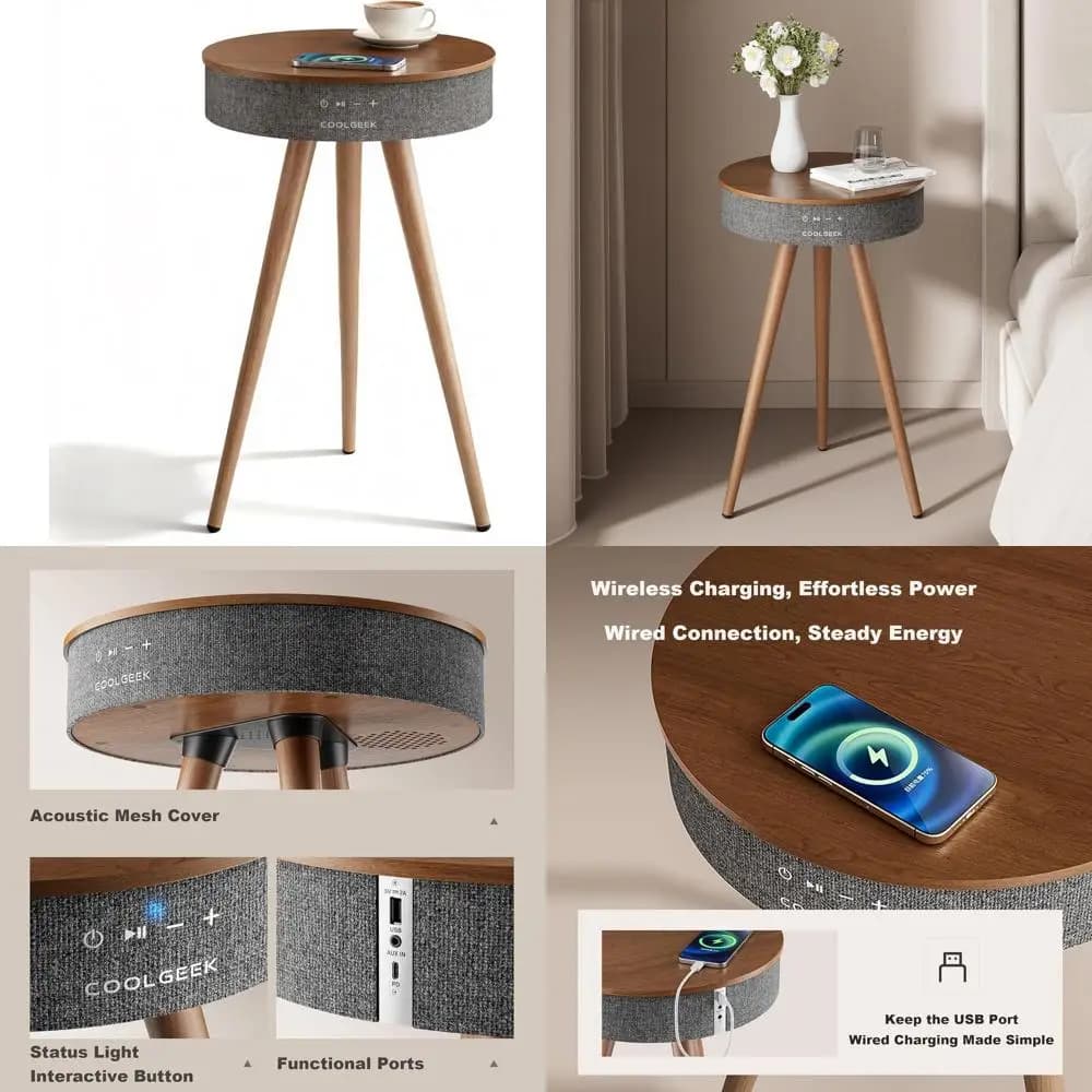 Tavolino con Altoparlante Bluetooth e Ricarica Wireless, 360 ° Dispositivo audio con batteria da 8 ore per soggiorno e camera da letto