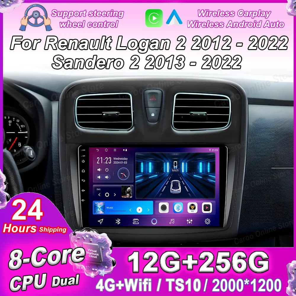 GPS Navigation Android Car for Renault Logan 2 2012 - 2022 Sandero 2 2013 - 2022 Auto Radio Stereo Multimidia Carplay DVD