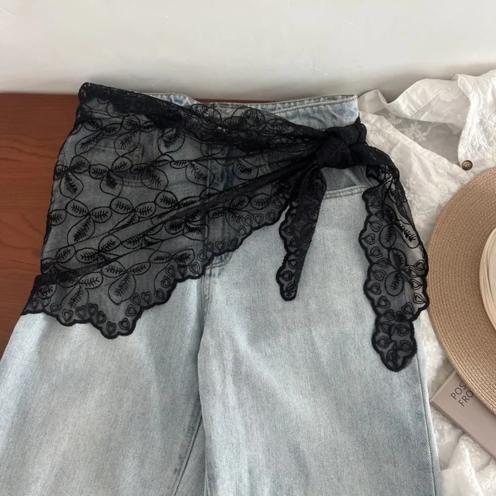 Gonna a tubino Y2K da donna, elegante, versatile, con decorazioni in pizzo, stile jeans, sciarpa e grembiule, per l'estate