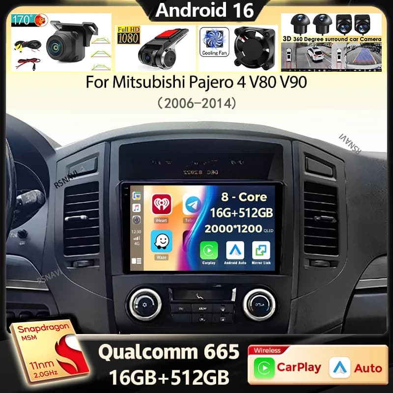 Android 16 Carplay Car Radio For Mitsubishi Pajero 4 V80 V90 2006 - 2014 Navigation Video Player Multimedia Stereo Unit GPS Head