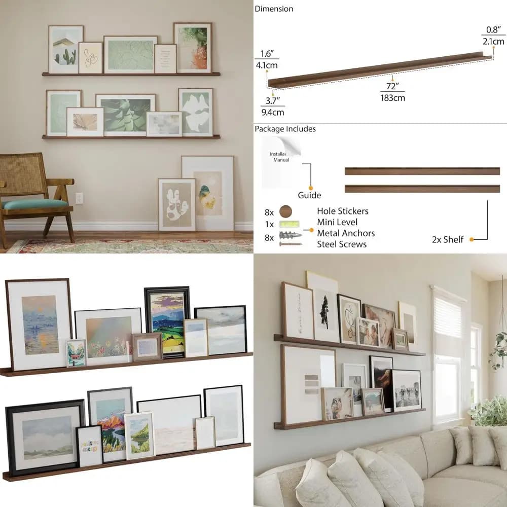 72 ripiani galleggianti in noce - Decorazione da parete con cornice, espositore per soggiorno, scaffalature per camera da letto e ufficio, set di 2