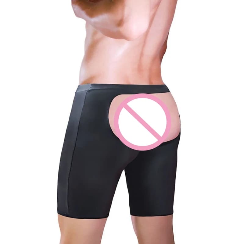 Pantaloncini aperti da uomo in ecopelle Wetlook Pantaloncini elasticizzati da notte Lingerie Intimo Mutandine Abbigliamento da club Pigiama da notte per giochi di ruolo gay