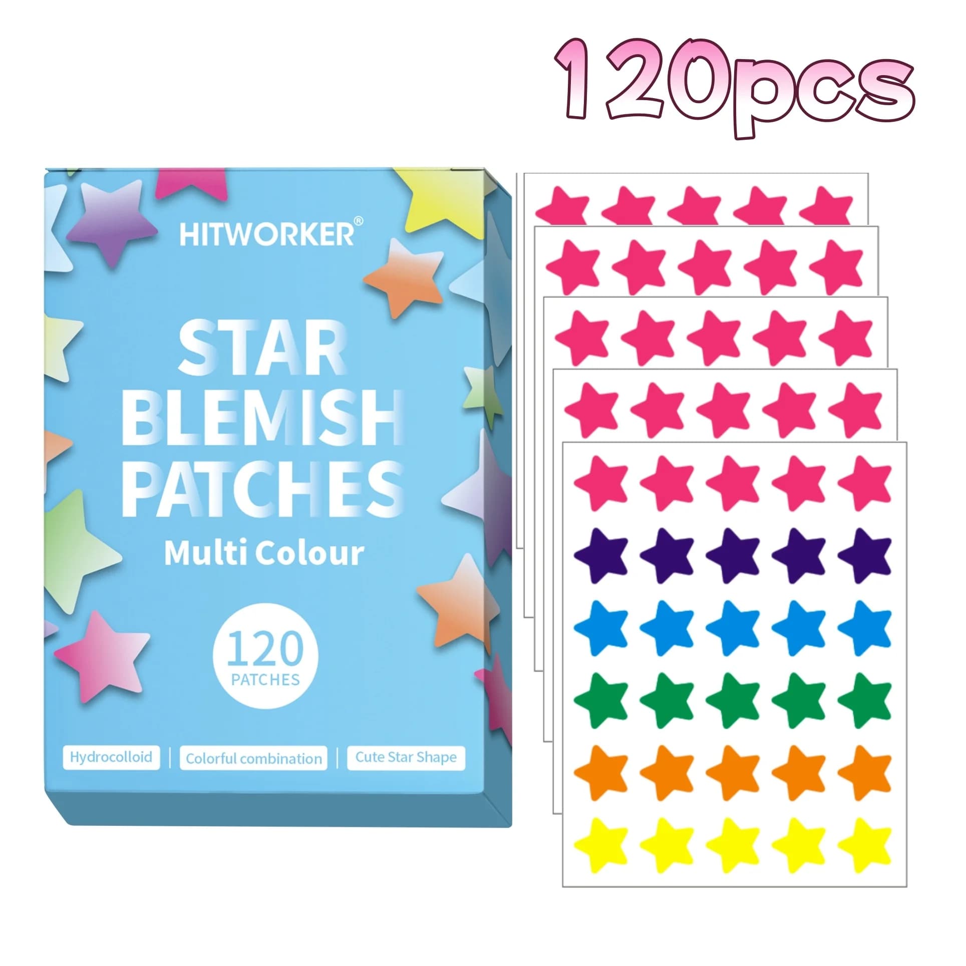 Confezione combinata di stelle colorate per cerotti per l'acne con acido salicilico da 120 pezzi per il trattamento delle imperfezioni e la cura della pelle