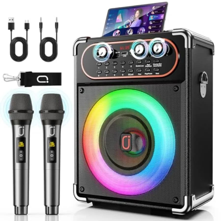 Karaoke Machine with 2 Wireless 2.4G 0-Delay Microphones for Adults, Portable Bluetooth 5.3 Speaker with Echo Adjustment and De