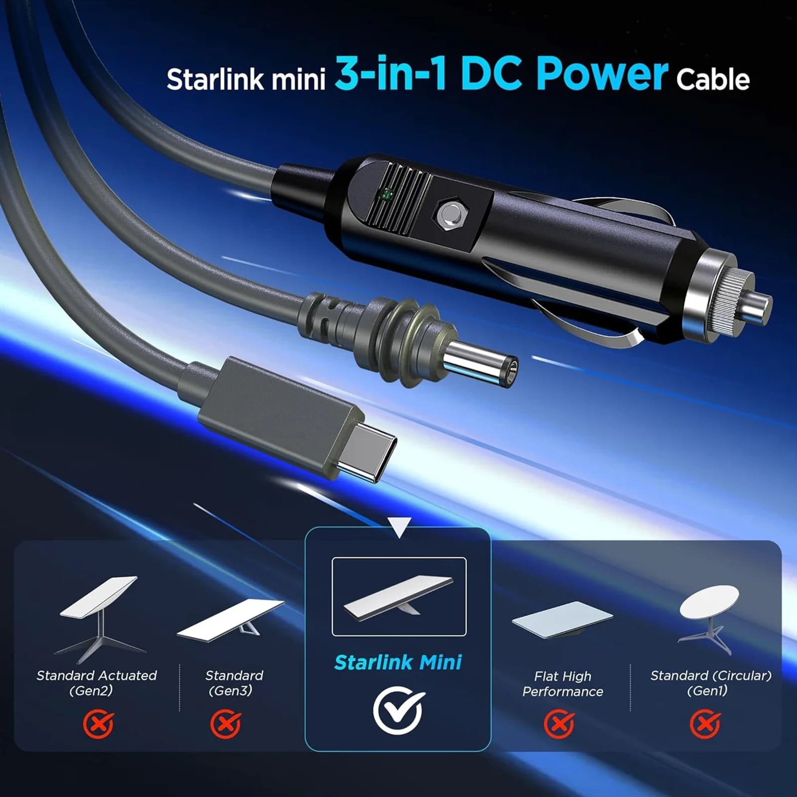 Cavo di Alimentazione EDUP SK0101-5M Starlink Mini 100W 3-in-1, Resistente, Stabile, Sicuro ed Efficiente, Cavo DC da 5M per Auto, da Type-C a DC