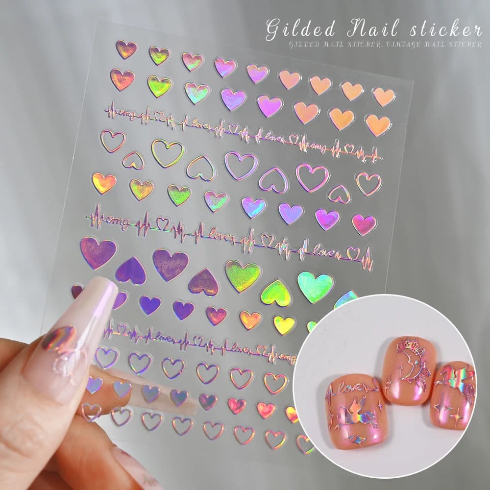 1pc Laser metallico Hollow Love Heart Cardiogramma Adesivi per nail art Stelle olografiche Luna Decalcomanie adesive Ciondoli per manicure francese