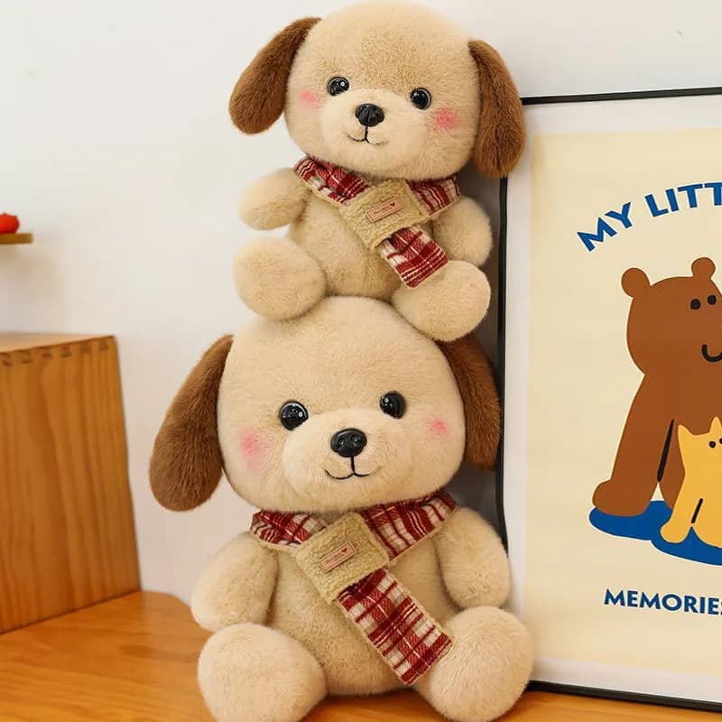 Cute Plaid Scarf Dog Plush Toy Soft Stuffed Animal Puppy Doll Fluffy Pillow Creative Birthday Gift for Kids and Adults Soft