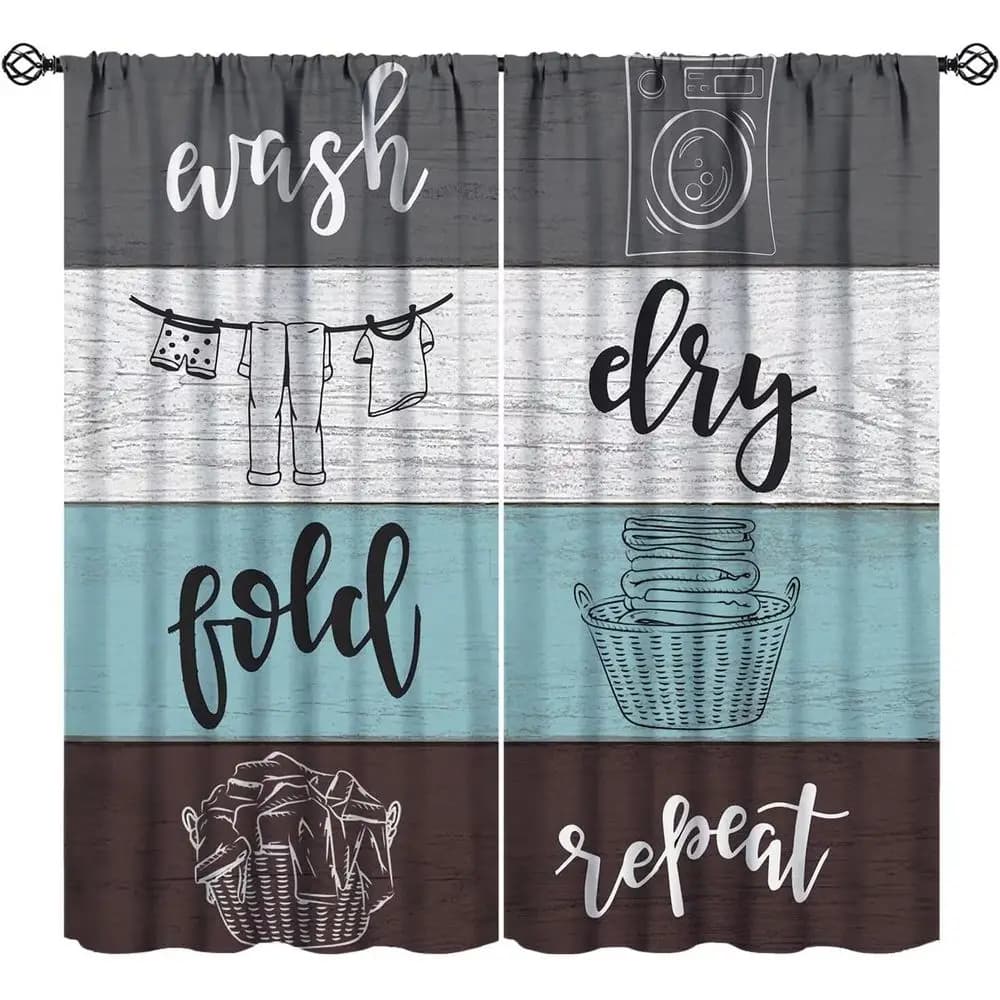 Grey Blue Brown Wood-Inspired Window Curtains for Laundry, Dryer Rooms, and Living Spaces, 84x84 Inch Blackout