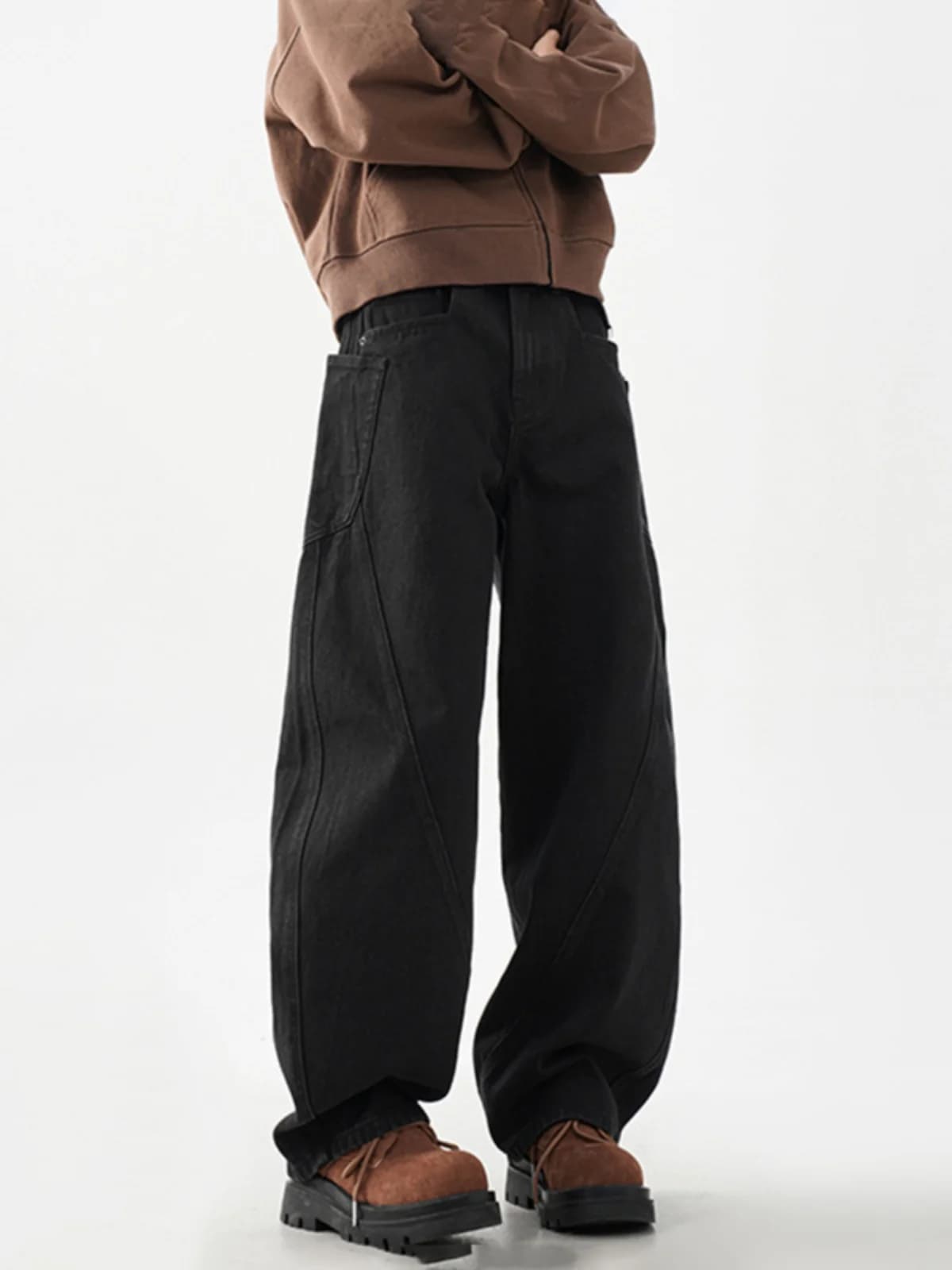 American Sle Fce Lined Jeans Men's Autumn Winter Loose Baggy Workwear Pants Patchwork High Waist Wide Leg Long Trousers