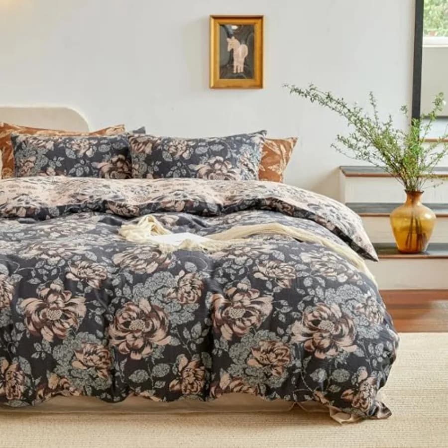 Set Copripiumino in Mussola 100% Cotone 3 Pezzi, Jacquard Tinto in Filo con Motivo Floreale, Morbido e Traspirante, con Cerniera