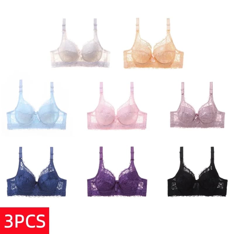Set di 3 Reggiseni Plus Size da Donna in Pizzo con Ferretto, Sexy, Traspiranti, Comodi, con Spalline Regolabili e Push-Up