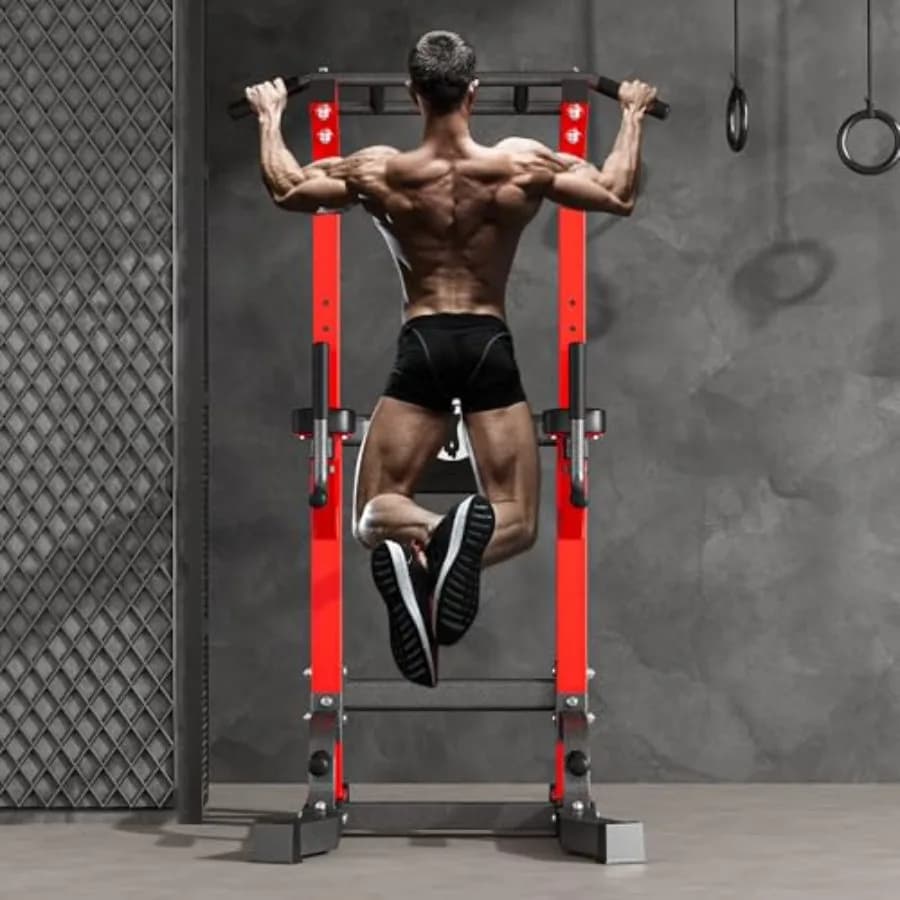 Traction and dip station, Power Tower with backrest, height adjustable traction support, multifunction for strength training at home
