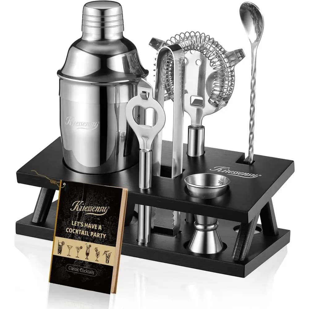 Set da Bar in Argento da 6 Pezzi con Supporto, Strumenti Essenziali per Barman: Shaker per Cocktail, Jigger, Colino, Cucchiaio da Bar, Pinze, Apribottiglie