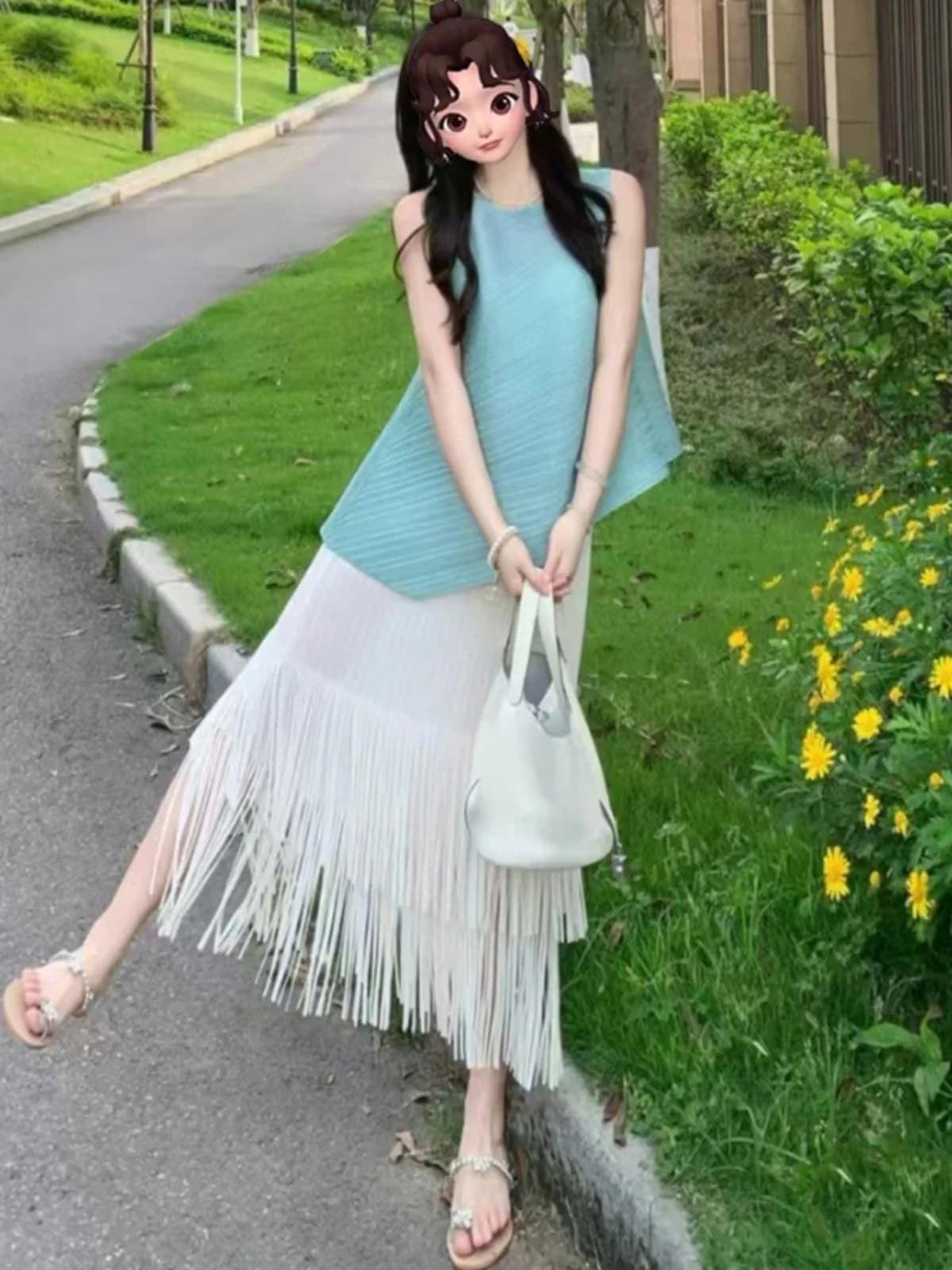 New Chinese Style Light Maturity Three Houses T-Shirt Fringe Half Skirt Sleeveless Commute Elegant High Waist Midi Skirt