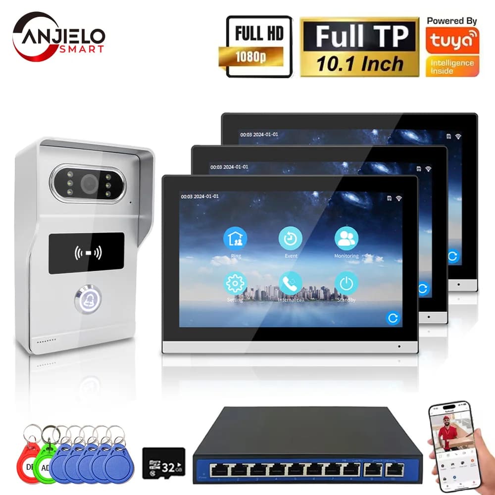 ANJIELO 1080P Tuya Sistema videocitofonico IP da 10 pollici Touch Screen Wifi POE Campanello cablato per controllo accessi RFID piatto villa