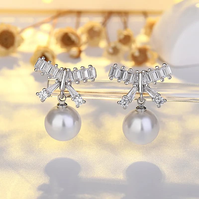 Orecchini a bottone con fiocco placcati in oro reale 14K di lusso per le donne delicati Micro intarsiati Cz ciondolo con perle da sposa gioielli in argento Sterling