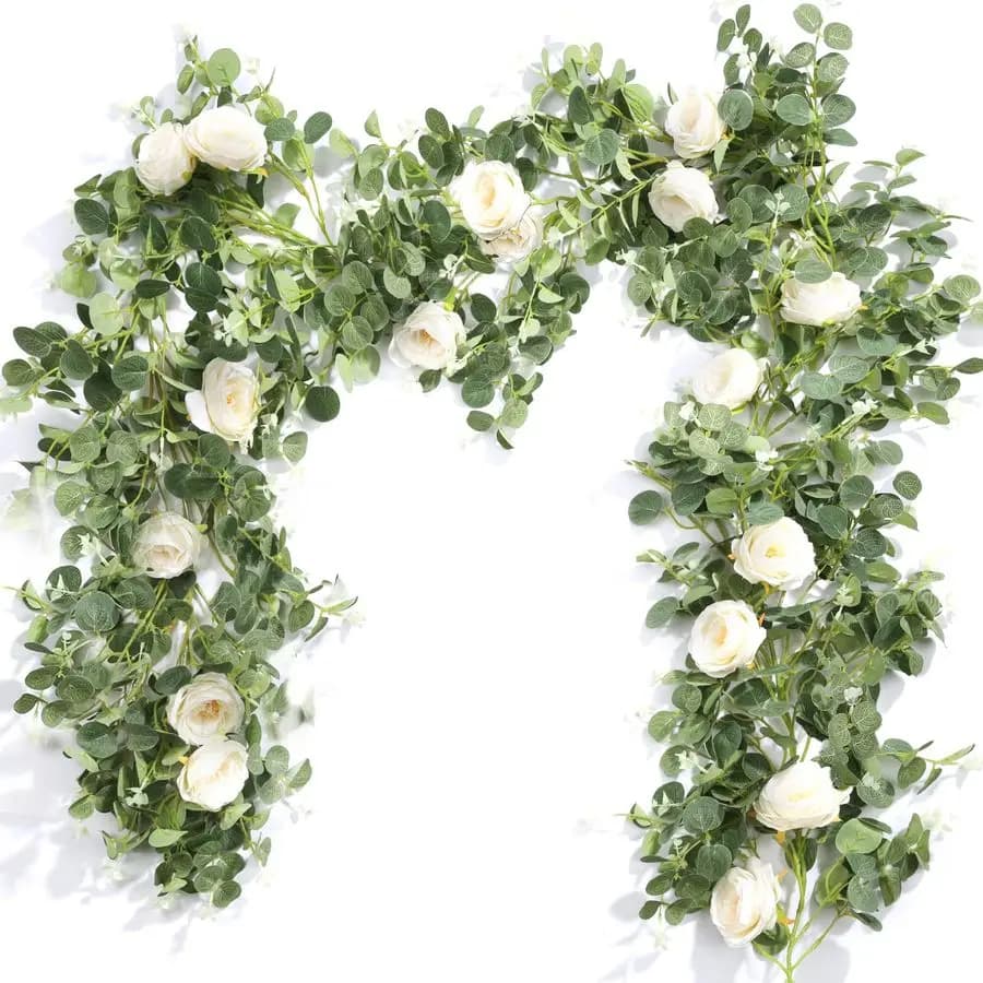 Set of 4 Artificial Eucalyptus Garlands with Silk Roses and Eucalyptus Leaves for Decorations