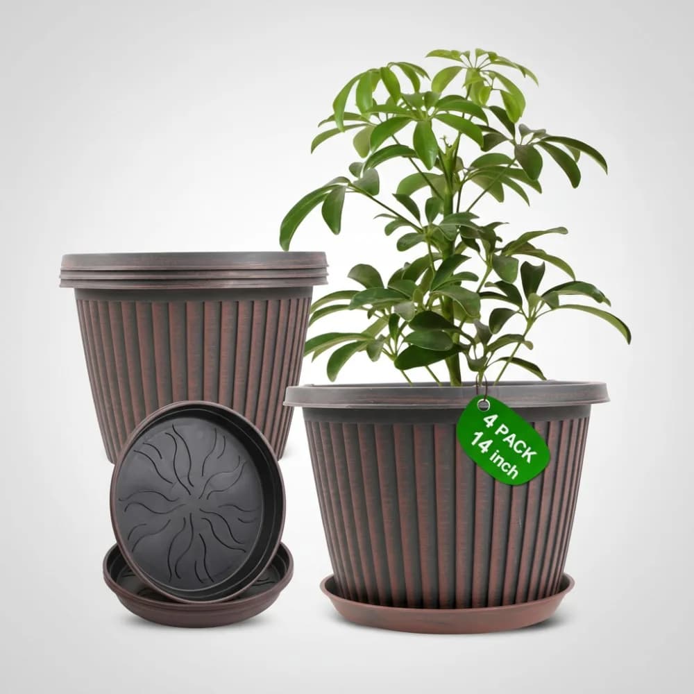 Grandi vasi per piante da 14 pollici, confezione da 4 con piattino, fioriere in plastica per interni ed esterni per l'arredamento del giardino
