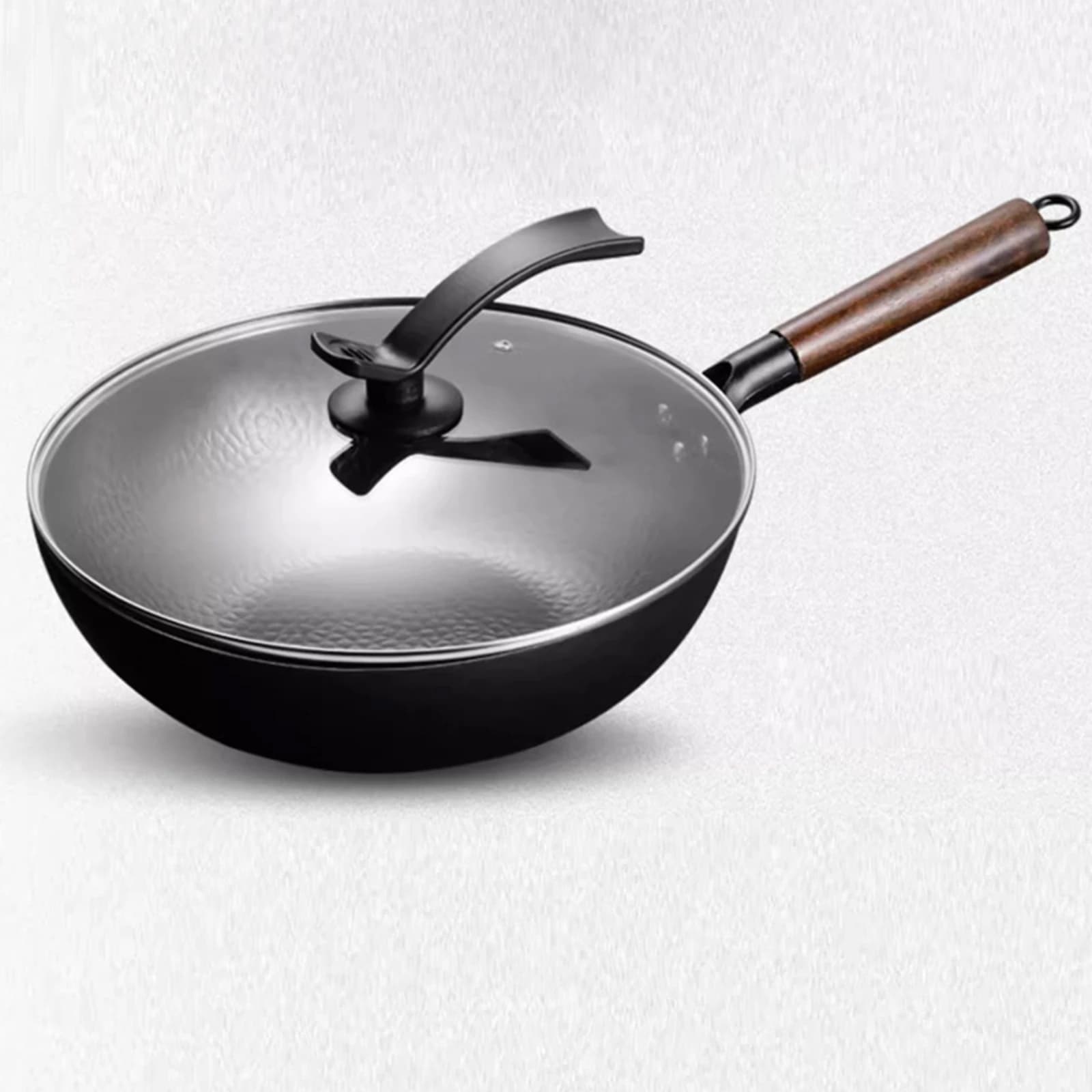 Wok with Lid Heavy-Duty Iron Wok Frying Pan Round Bottom for Chefs, Daily Cooking, Kitchen