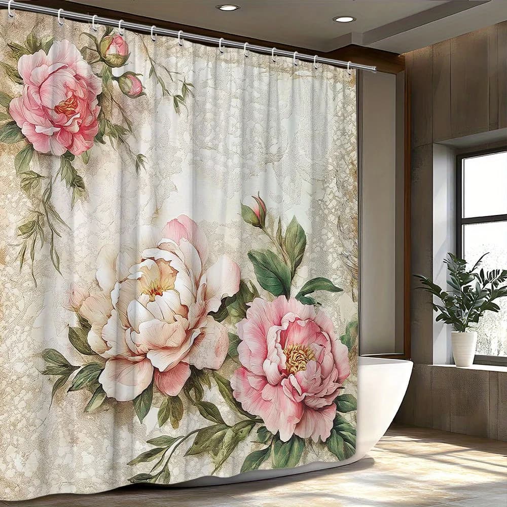 Tenda da doccia floreale vintage peonia rosa con 12 ganci Lavabile in lavatrice, perfetta per una tenda da doccia da bagno estetica moderna