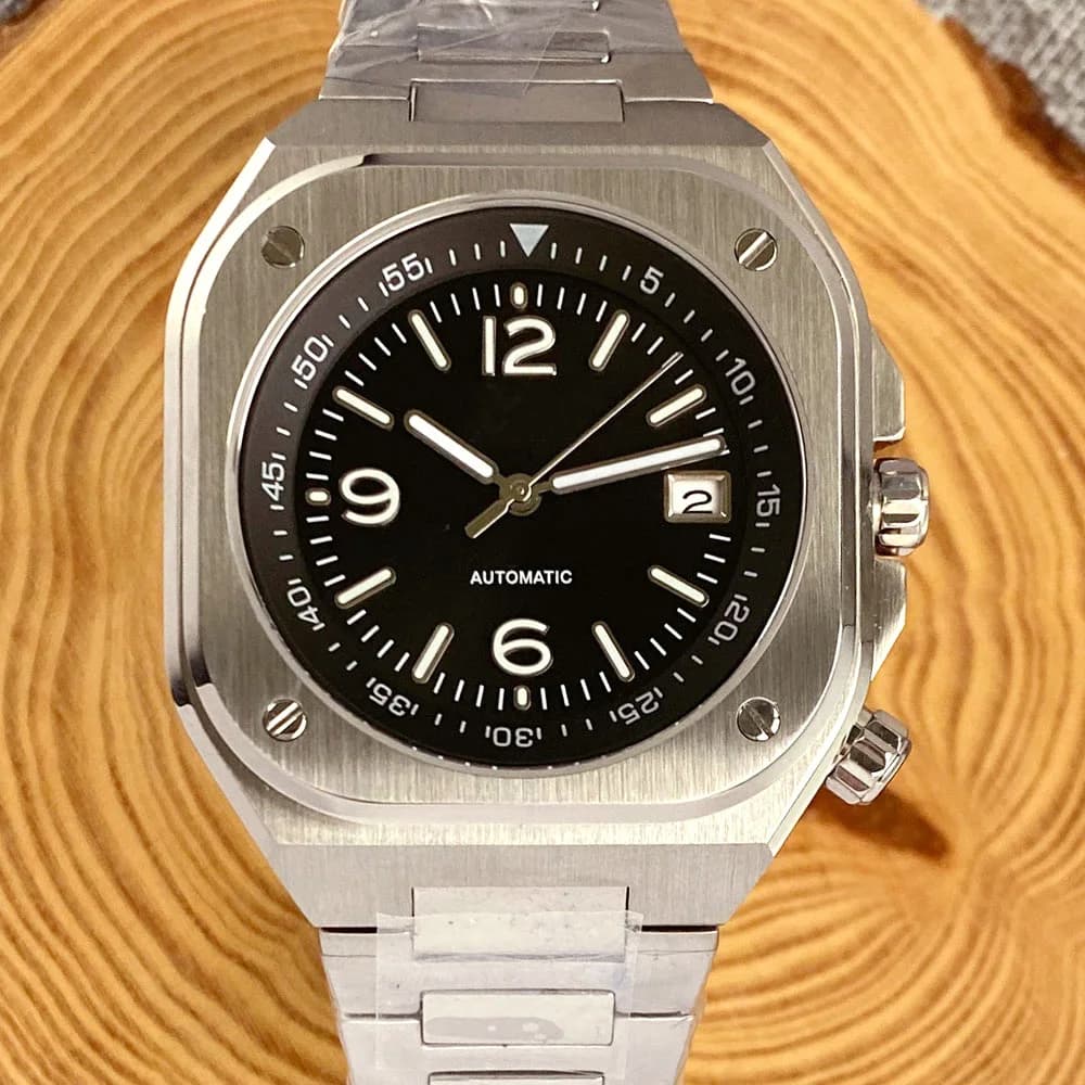 AR Vetro Zaffiro 42mm Orologio meccanico da uomo in acciaio quadrato S NH35AA Movt 150m Impermeabile Eleganza Orologi subacquei Quadrante nero/blu ghiaccio