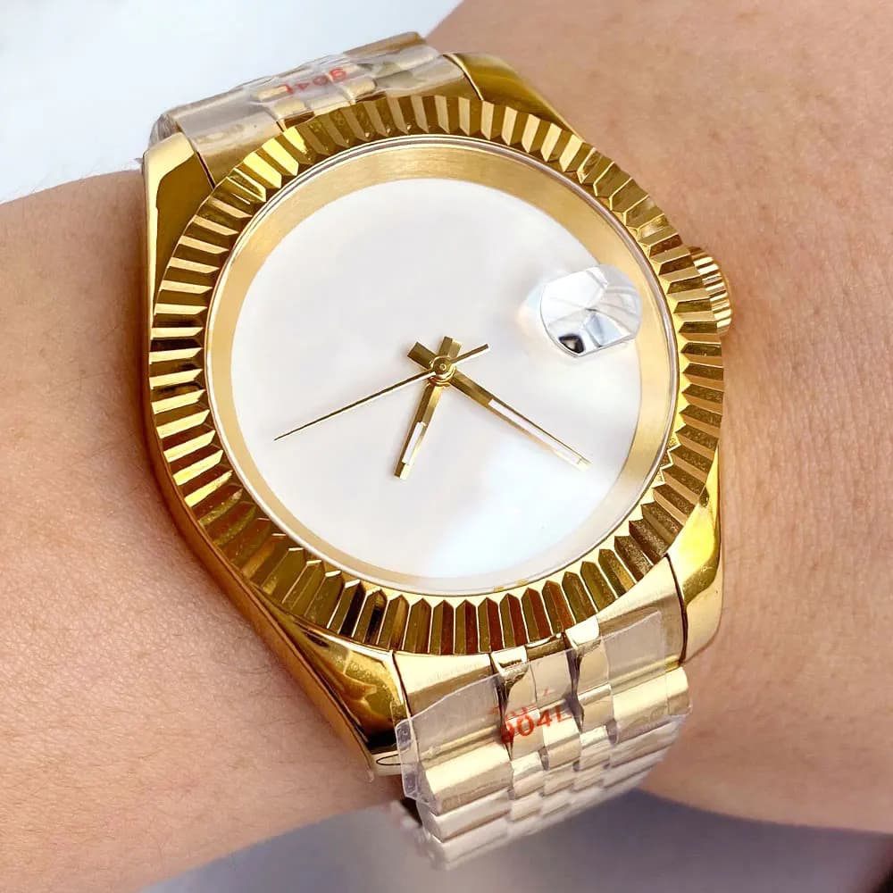 Cassa in oro giallo 36mm 39mm quadrante bianco sterile 20ATM immersione NH35 orologio automatico da uomo cinturino in acciaio vetro zaffiro data automatica