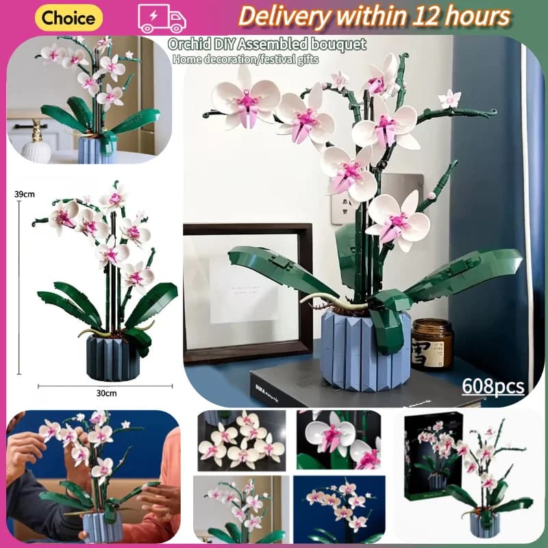 Bouquet di Orchidee Artificiali, Modello DIY in Blocchi da Costruzione, 608 Pezzi, Serie Piante, Decorazione per la Casa, Regalo per San Valentino/Festa della Mamma