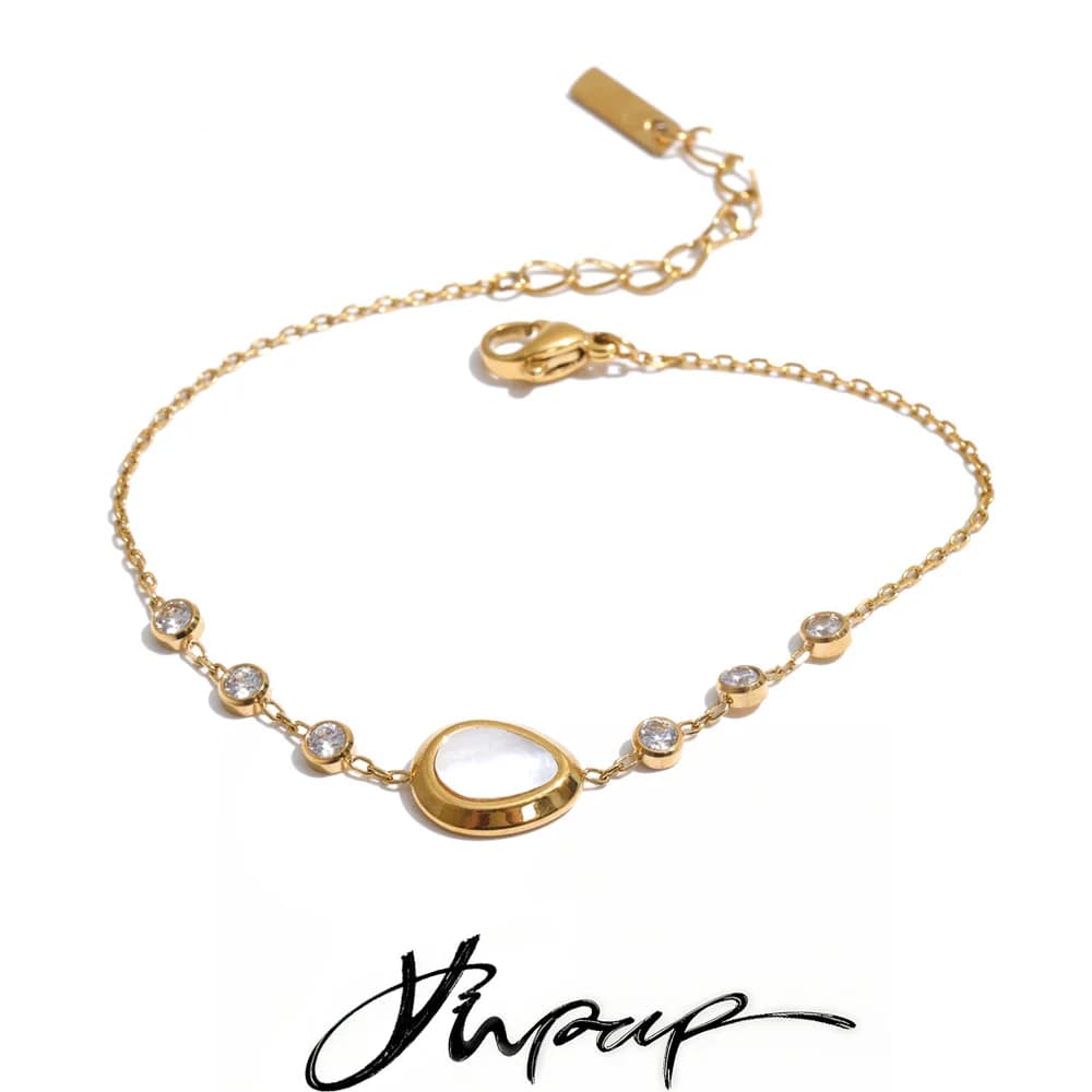 Yhpup Stainless Steel Zirconia Natural Shell Water Drop Chain Bracelet Bangle Popular New Dainty Prom Jewelry