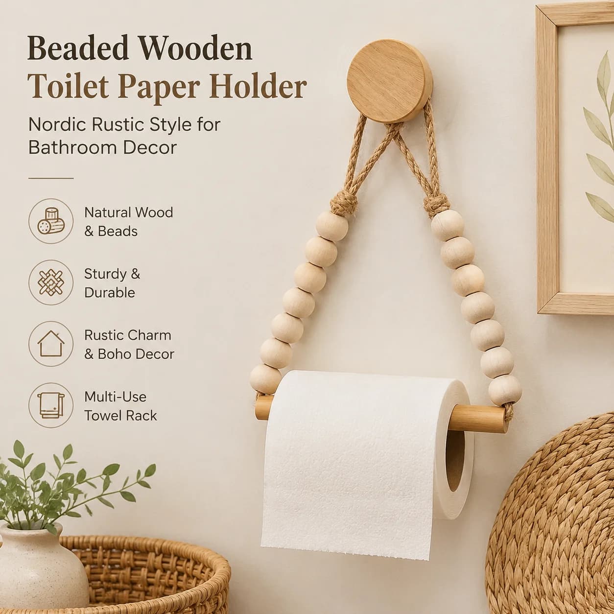 Beaded Wooden Toilet Paper Holder – Rustic Nordic Wooden Stick Tissue Rack, Towel and B&B Decor