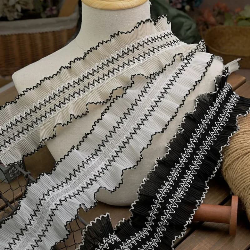 Tessuti in chiffon plissettato a doppio strato, frange ricamate in 3D, polsini con colletto, volant elastici, abiti fai da te, forniture per cucire