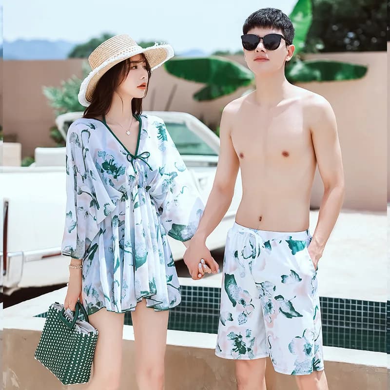 Nuovi costumi da bagno coordinati per coppie Costumi da bagno a tre pezzi con volant Copricostumi da spiaggia Stampa Costume da bagno Pantaloncini Costumi da bagno da uomo