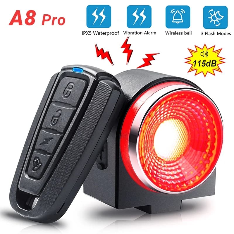 Lampada posteriore per bicicletta Luce di frenata Allarme antifurto Chiamata remota Controllo wireless Carica USB Lanterna a LED Cercatore per bici Campanello per clacson A8 Pro