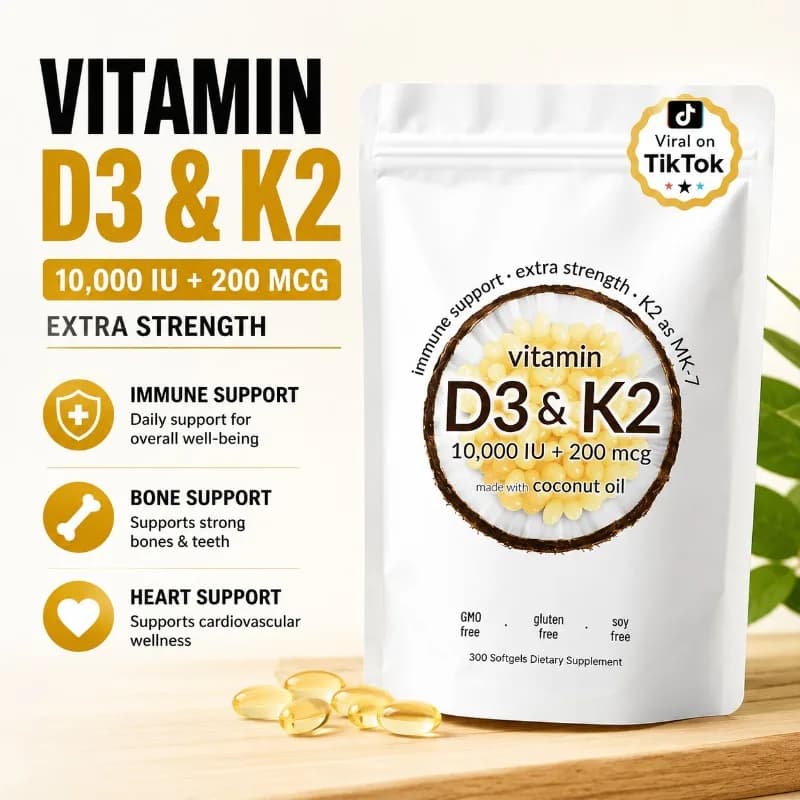 Vitamin D3 K2 MK7 in Mini Softgel with Virgin Coconut Oil, Easy to swallow, Daily Vitamin Supplement for Adults, 300 Softgel
