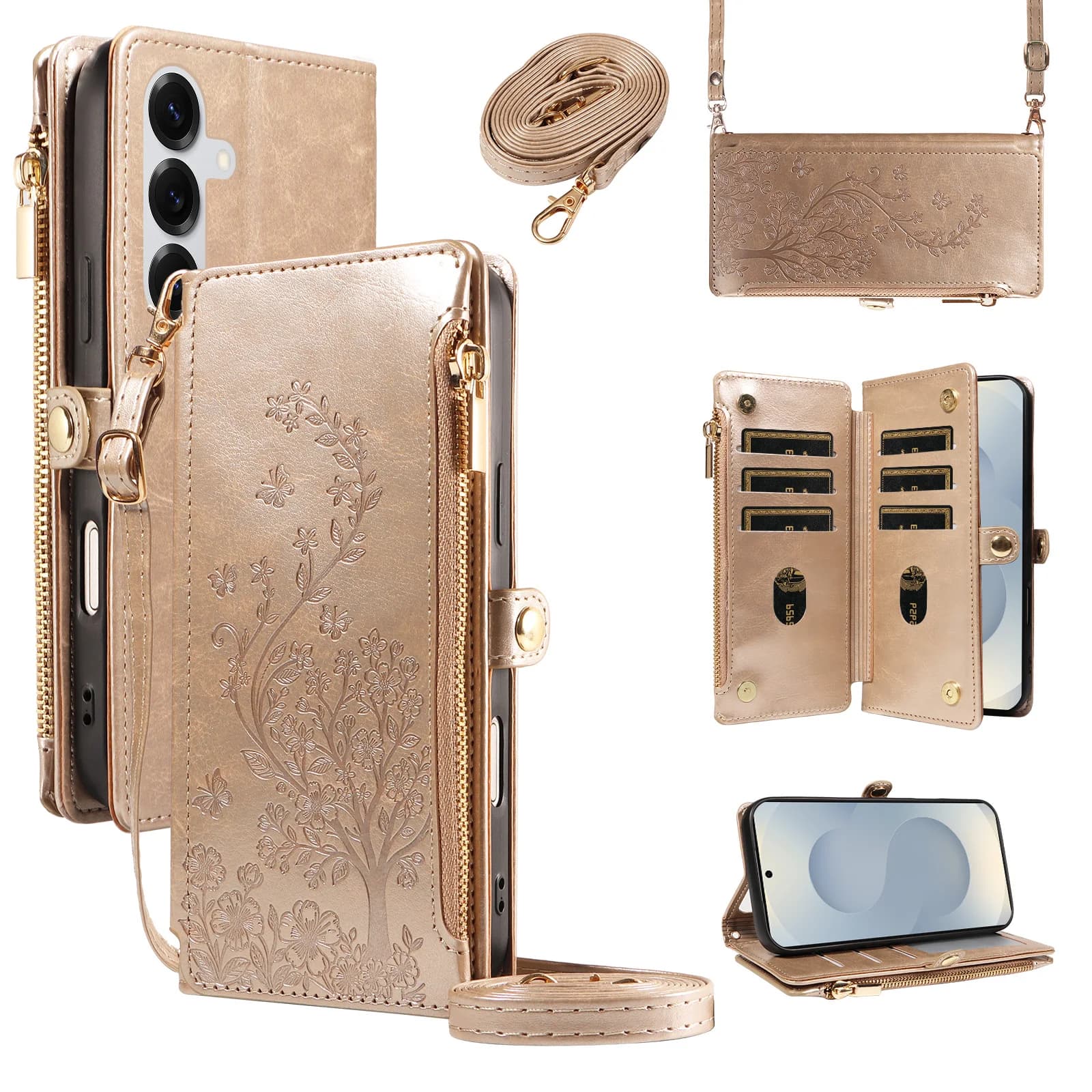 Embossed Flip Zipper Wallet Case for S26 Ultra S25 S24Plus S23 S22 S21 Fe S20 Phone Case with Cross-Shoulder Strap, Coin and Card Slots, Faux Leather Phone Protective Cover