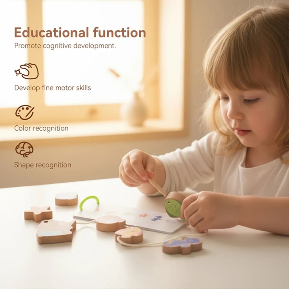 Giocattolo per infilare in legno per bambini Giocattolo educativo Montessori per bambini Orso cartone animato Tema pesca Giocattolo per infilare Giocattoli per abilità motorie fini
