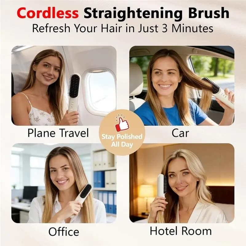 BFYL Fast Heat Technology, Mchceramic Care Cordless Hair Straightening Brush,4 Temperature Settings Beige For Frizz-Free Styling
